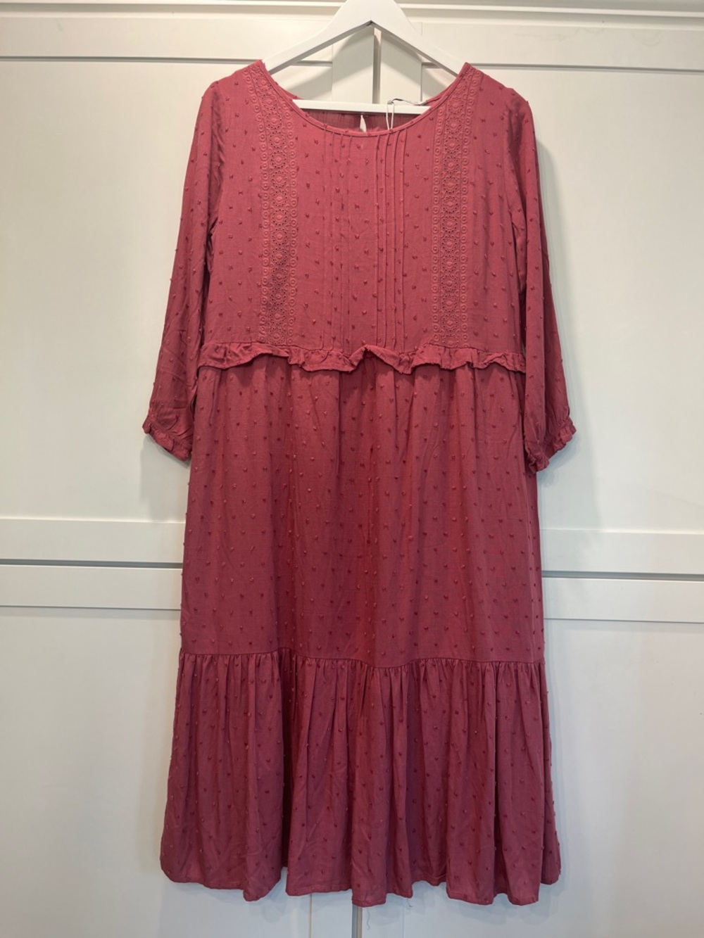 Dusty Rose Swiss Dot Tiered Long Sleeve Midi Dress 100% Viscose